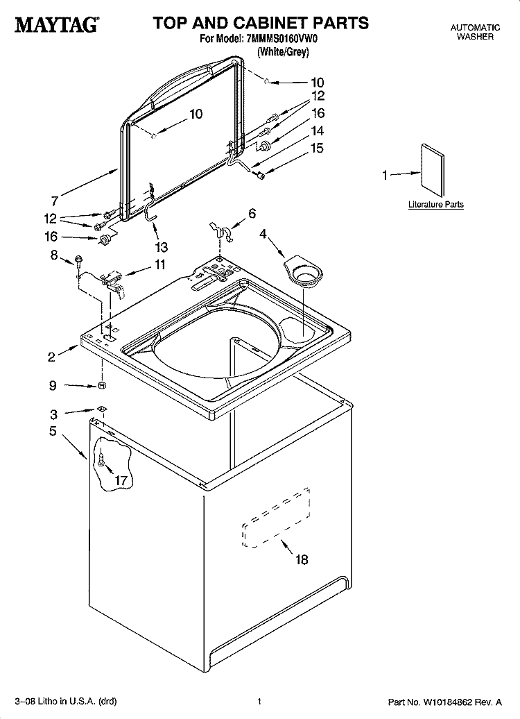 TOP AND CABINET PARTS Diagram and Parts List for 7MMMS0160VW0  Maytag Washer