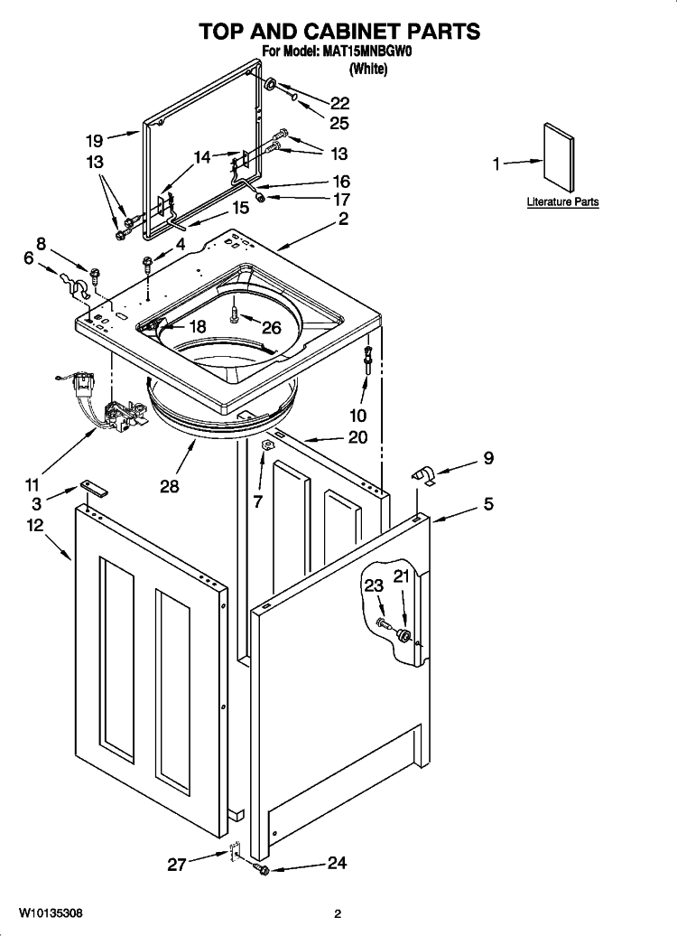 TOP AND CABINET PARTS Diagram and Parts List for MAT15MNBGW0  Maytag Washer