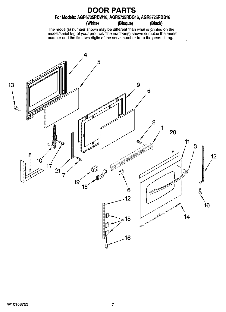 DOOR PARTS Diagram and Parts List for AGR5725RDB16  Amana Range
