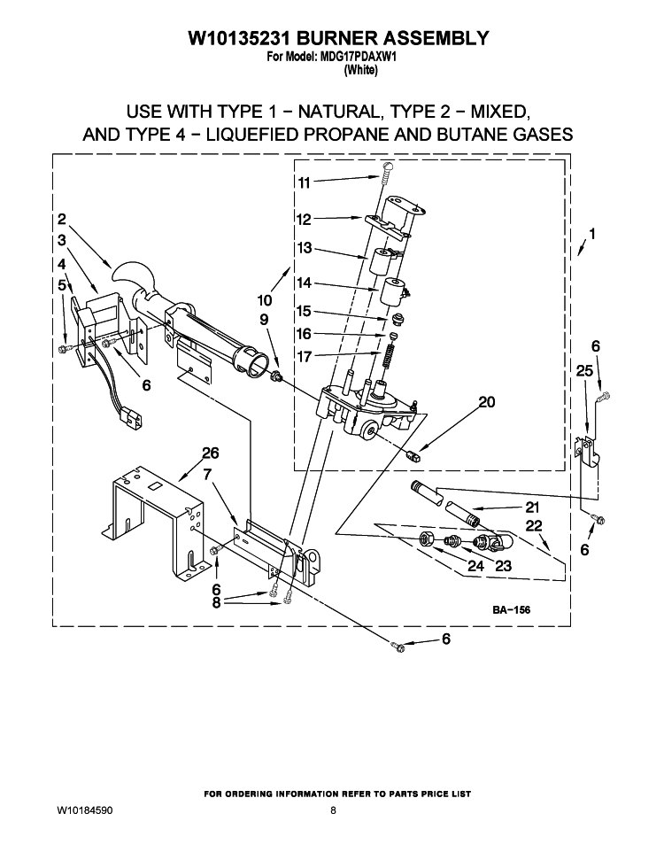 W10135231 BURNER ASSEMBLY Diagram and Parts List for MDG17PDAXW1  Maytag Dryer