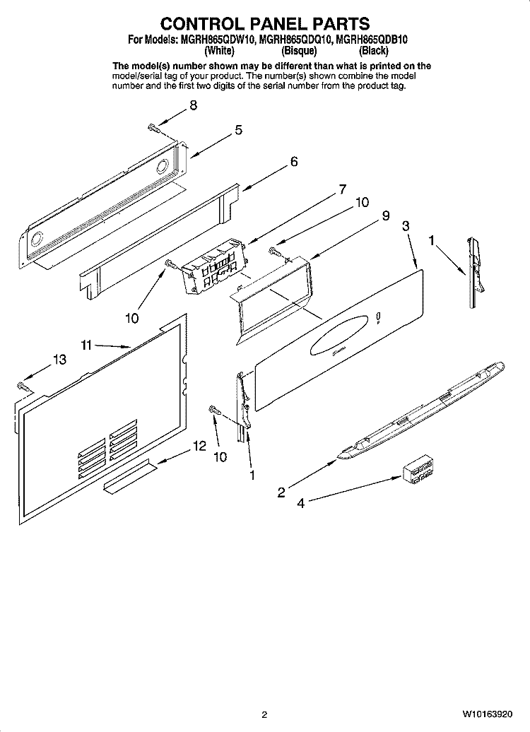 CONTROL PANEL PARTS Diagram and Parts List for MGRH865QDB10  Maytag Range