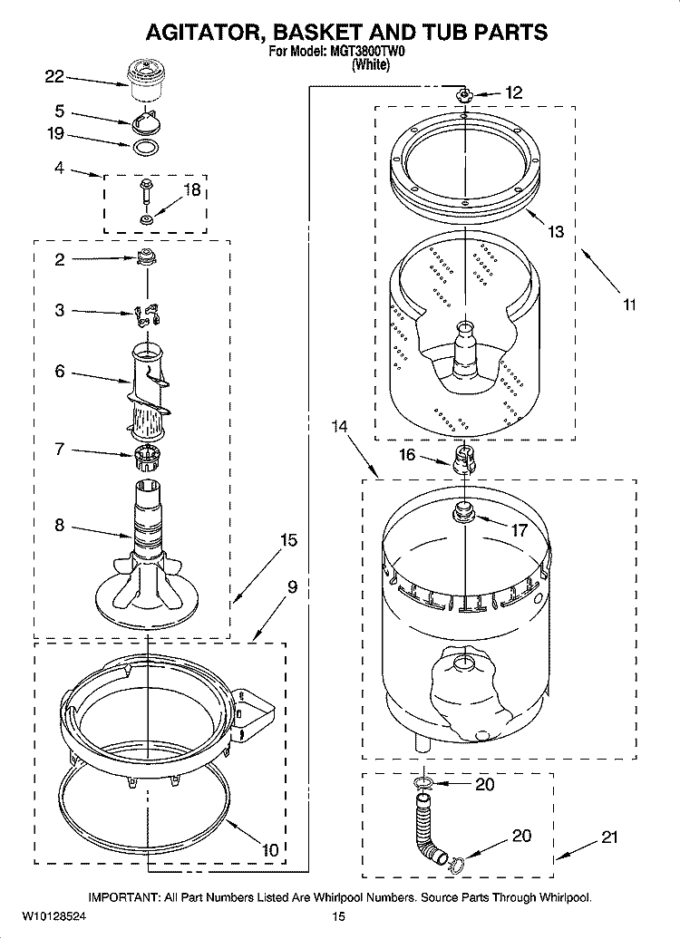 AGITATOR, BASKET AND TUB PARTS Diagram and Parts List for MGT3800TW0  Maytag Washer Dryer Combo