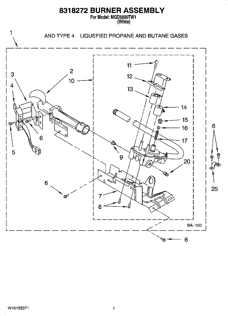8318272 BURNER ASSEMBLY, OPTIONAL PARTS (NOT INCLUDED) Diagram and Parts List for MGD5800TW1  Maytag Dryer