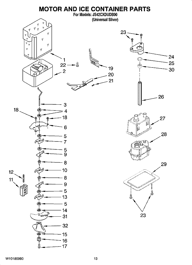 MOTOR AND ICE CONTAINER PARTS Diagram and Parts List for JS42CXDUDB00  Jenn-Air Refrigerator