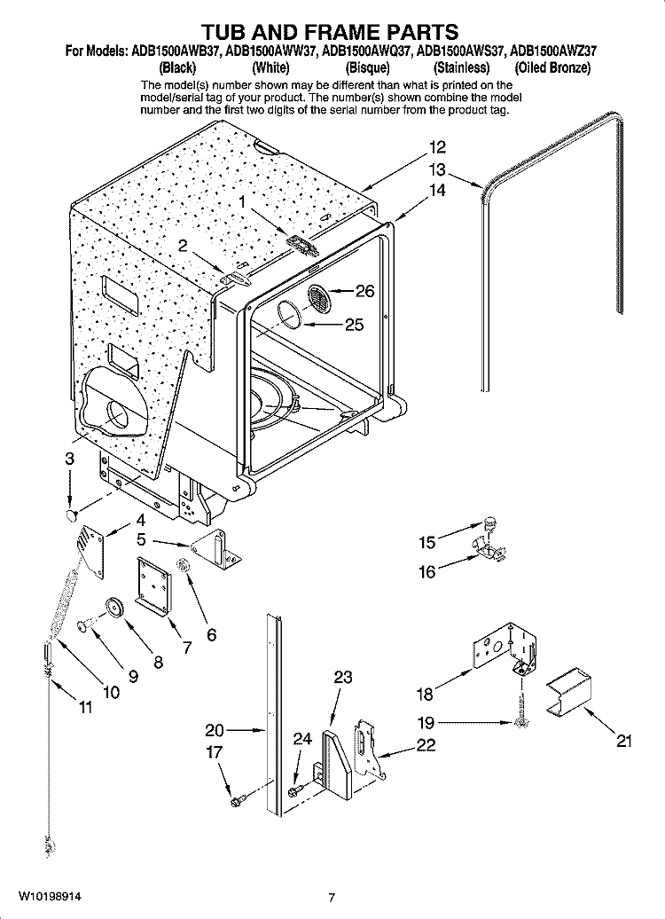 TUB AND FRAME PARTS Diagram and Parts List for ADB1500AWW37  Amana Dishwasher