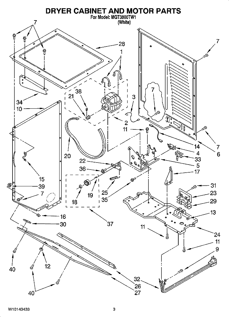 DRYER CABINET AND MOTOR PARTS Diagram and Parts List for MGT3800TW1  Maytag Washer Dryer Combo