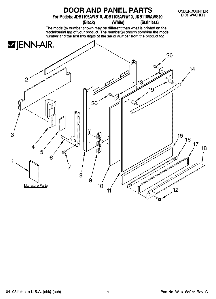DOOR AND PANEL PARTS Diagram and Parts List for JDB1105AWS10  Jenn-Air Dishwasher