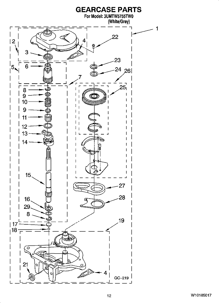 GEARCASE PARTS, OPTIONAL PARTS (NOT INCLUDED) Diagram and Parts List for 3UMTW5755TW0  Maytag Washer