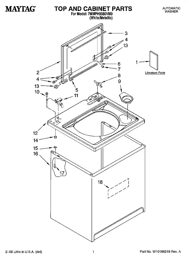 TOP AND CABINET PARTS Diagram and Parts List for 7MMPH0080VM0  Maytag Washer