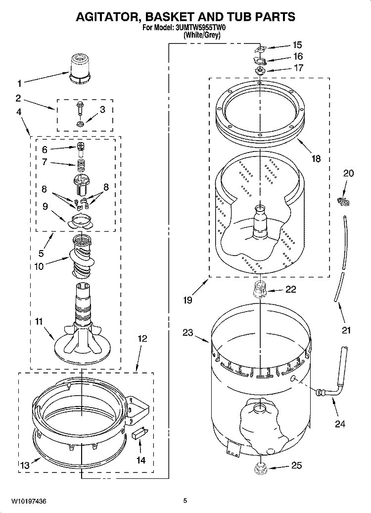 AGITATOR, BASKET AND TUB PARTS Diagram and Parts List for 3UMTW5955TW0  Maytag Washer