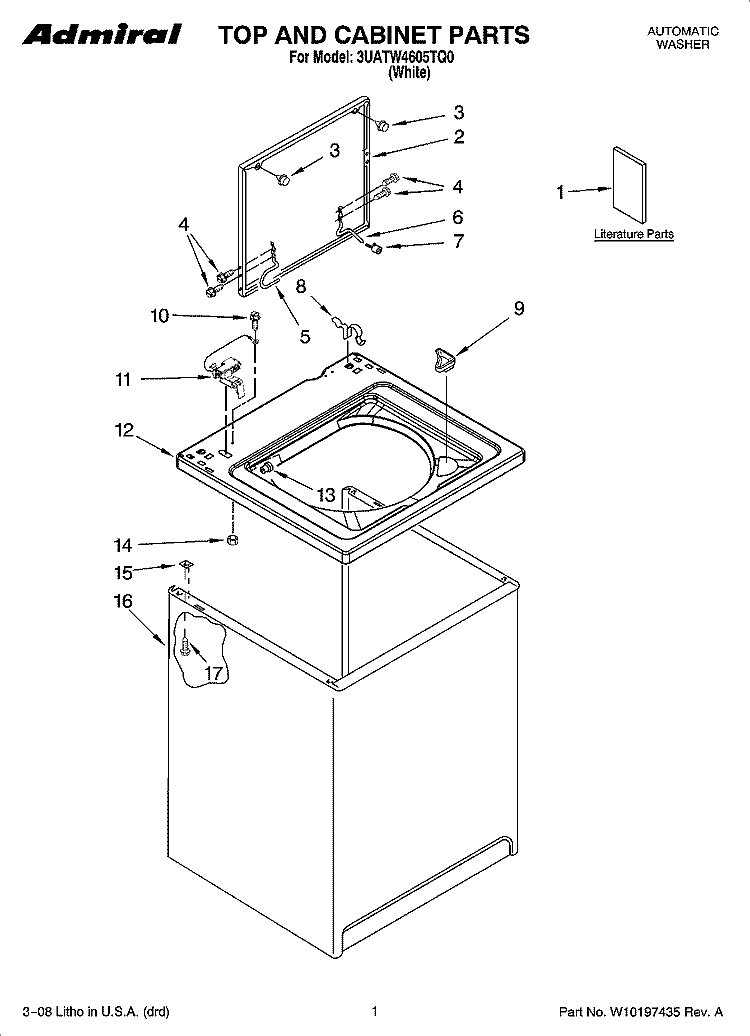TOP AND CABINET PARTS Diagram and Parts List for 3UATW4605TQ0  Admiral Washer