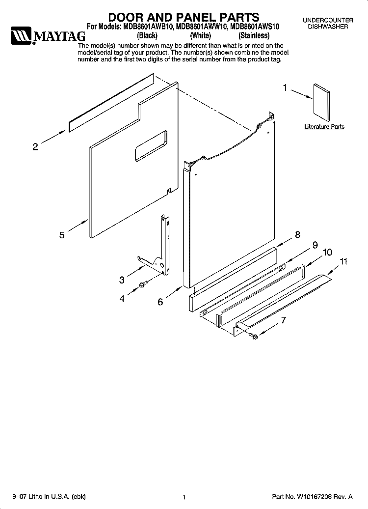 DOOR AND PANEL PARTS Diagram and Parts List for MDB8601AWW10  Maytag Dishwasher