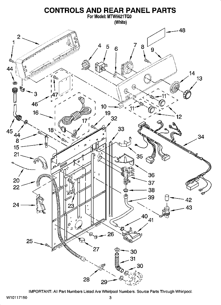 CONTROLS AND REAR PANEL PARTS Diagram and Parts List for MTW5621TQ0  Maytag Washer