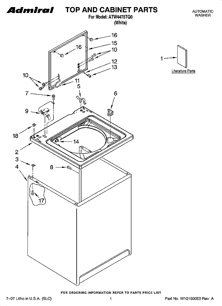TOP AND CABINET PARTS Diagram and Parts List for ATW4475TQ0  Admiral Washer