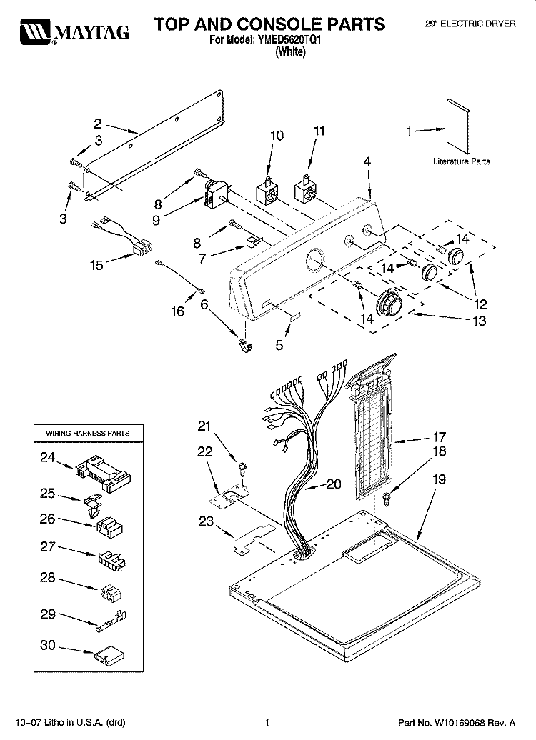 TOP AND CONSOLE PARTS Diagram and Parts List for YMED5620TQ1  Maytag Dryer