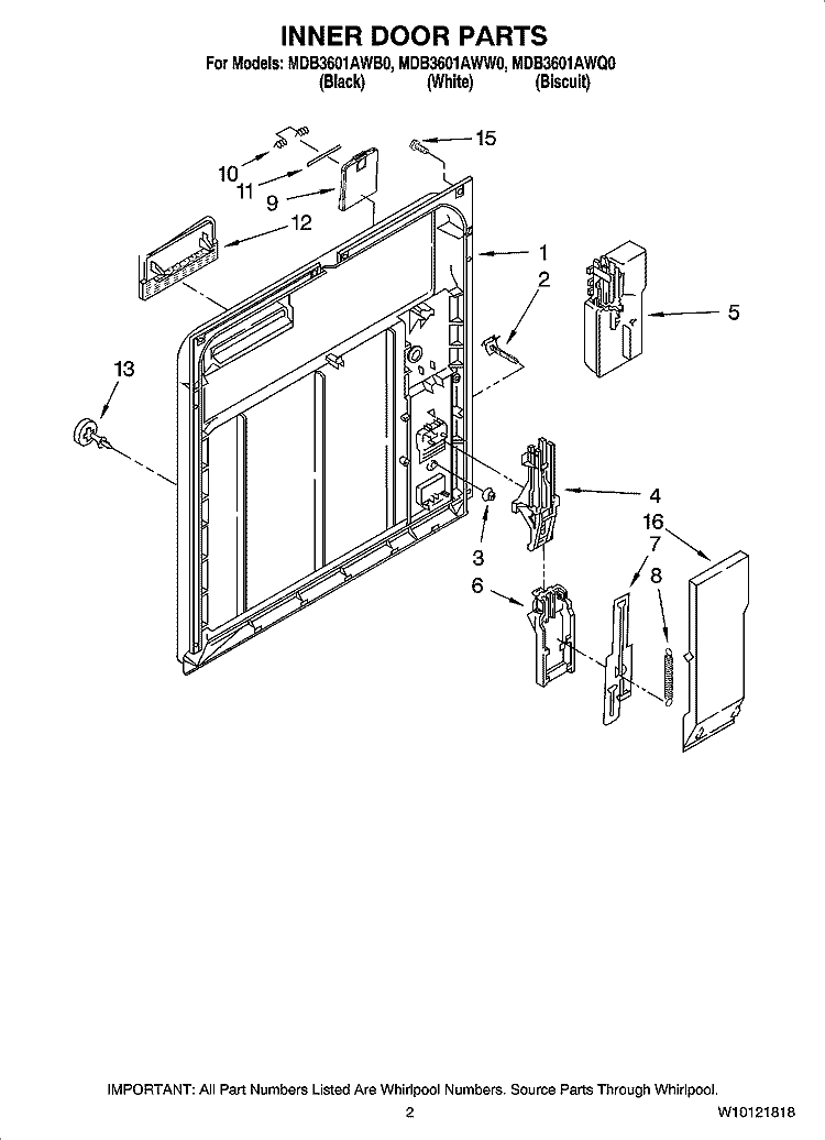 INNER DOOR PARTS Diagram and Parts List for MDB3601AWQ0  Maytag Dishwasher