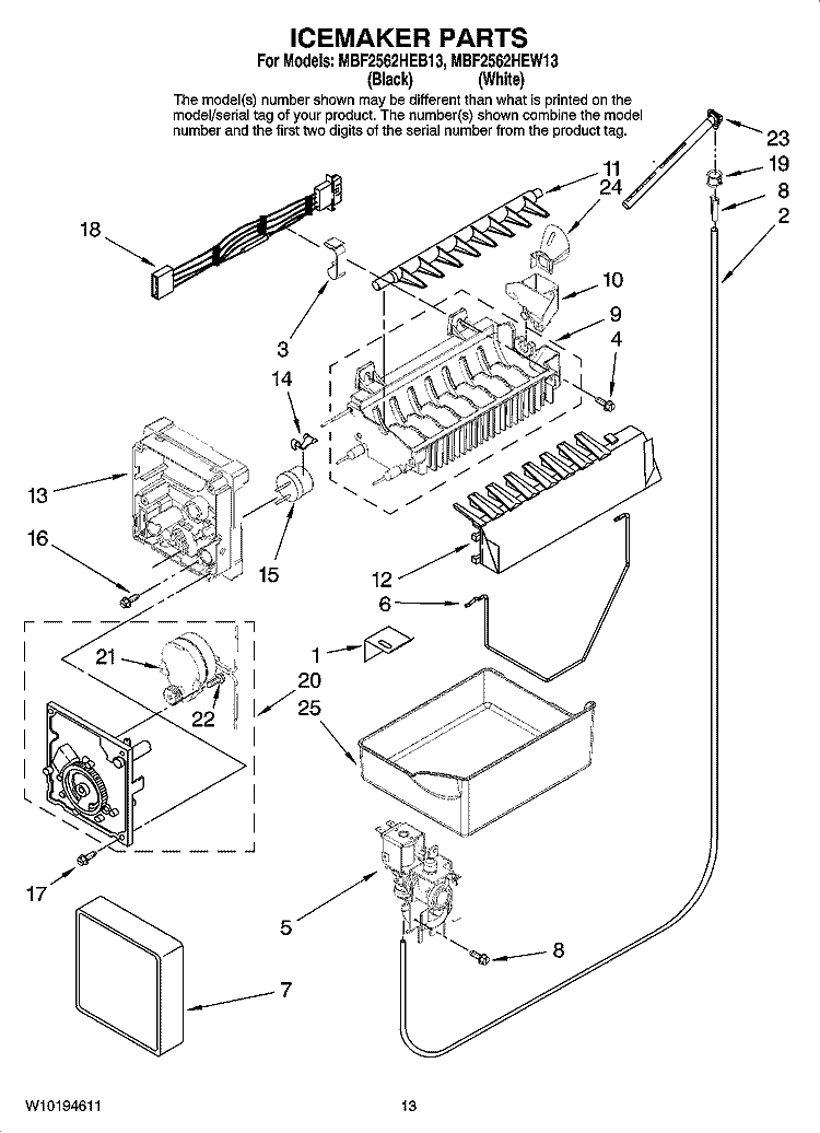 ICEMAKER PARTS, OPTIONAL PARTS Diagram and Parts List for MBF2562HEW13  Maytag Refrigerator