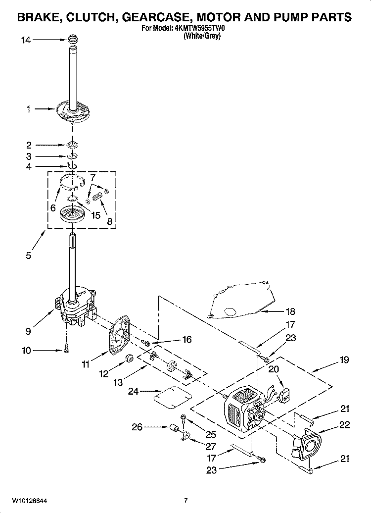 BRAKE, CLUTCH, GEARCASE, MOTOR AND PUMP PARTS Diagram and Parts List for 4KMTW5955TW0  Maytag Washer