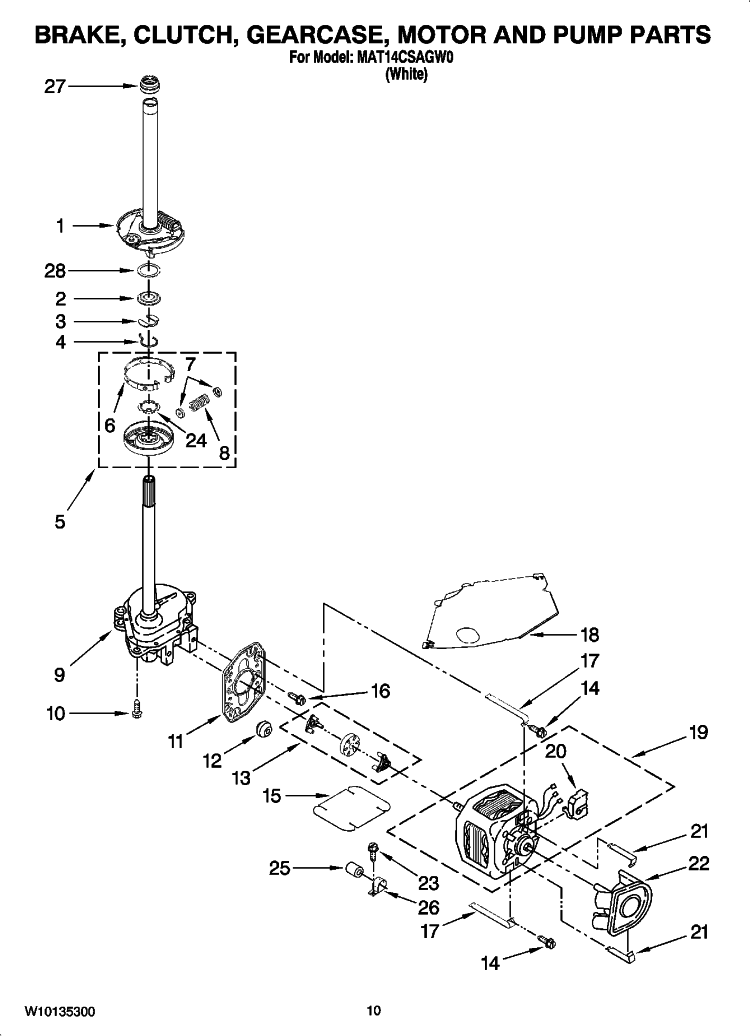 BRAKE, CLUTCH, GEARCASE, MOTOR AND PUMP PARTS Diagram and Parts List for MAT14CSAGW0  Maytag Washer