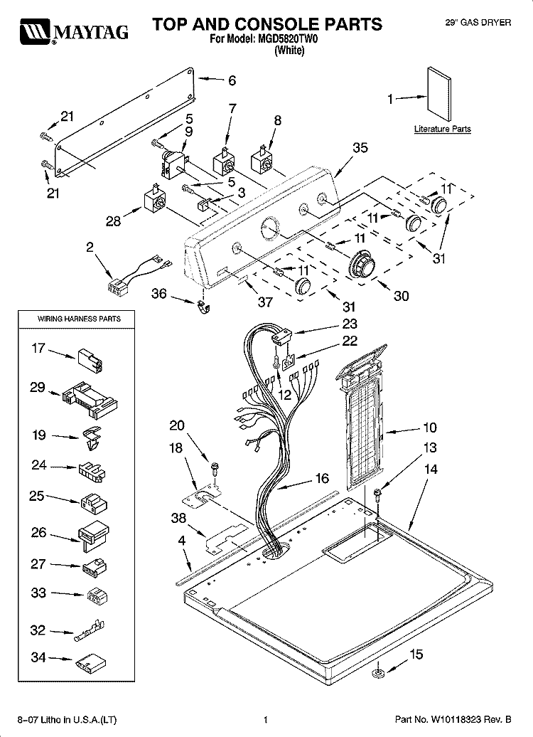TOP AND CONSOLE PARTS Diagram and Parts List for MGD5820TW0  Maytag Dryer