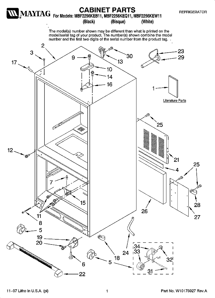 CABINET PARTS Diagram and Parts List for MBF2256KEB11  Maytag Refrigerator