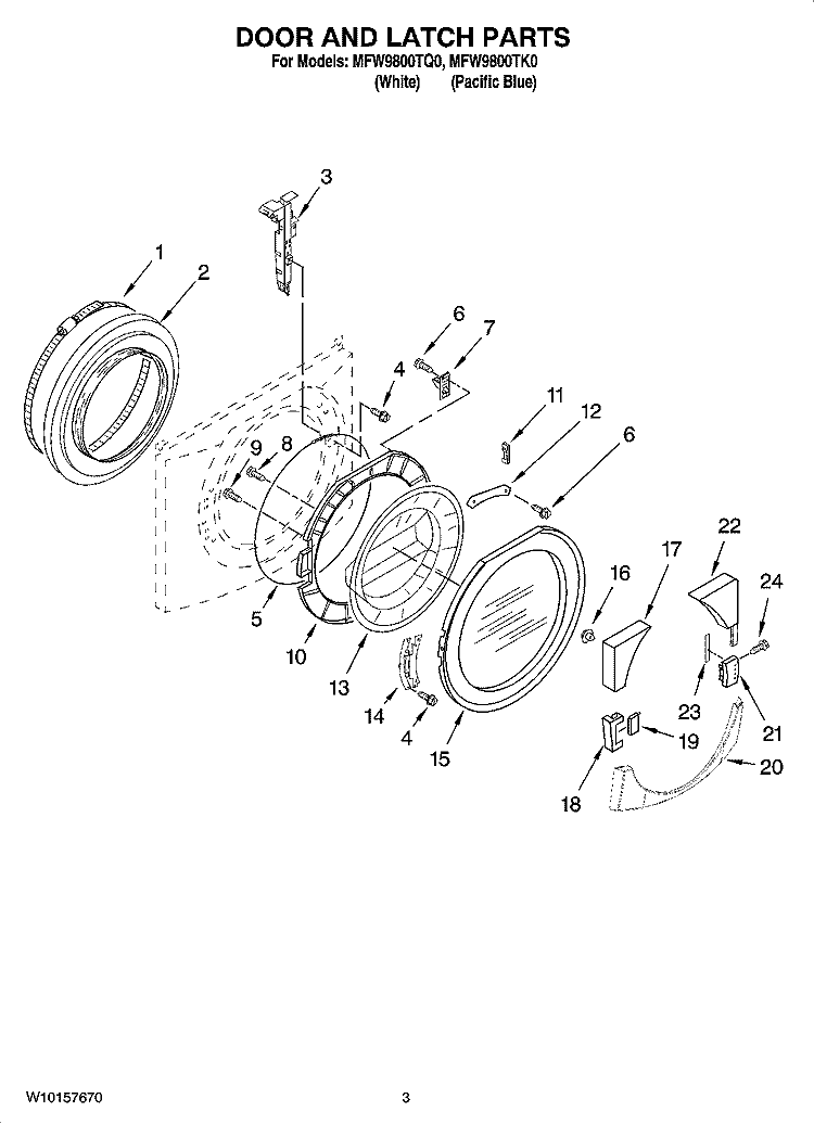 DOOR AND LATCH PARTS Diagram and Parts List for MFW9800TQ0  Maytag Washer