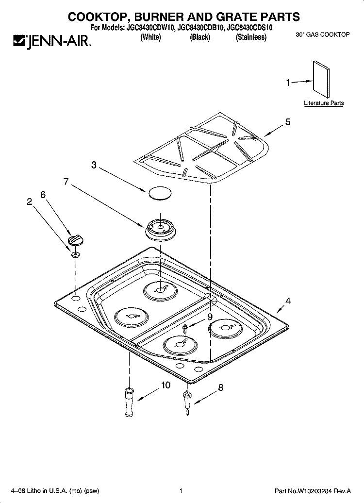 COOKTOP, BURNER AND GRATE PARTS Diagram and Parts List for JGC8430CDS10  Jenn-Air Cooktop