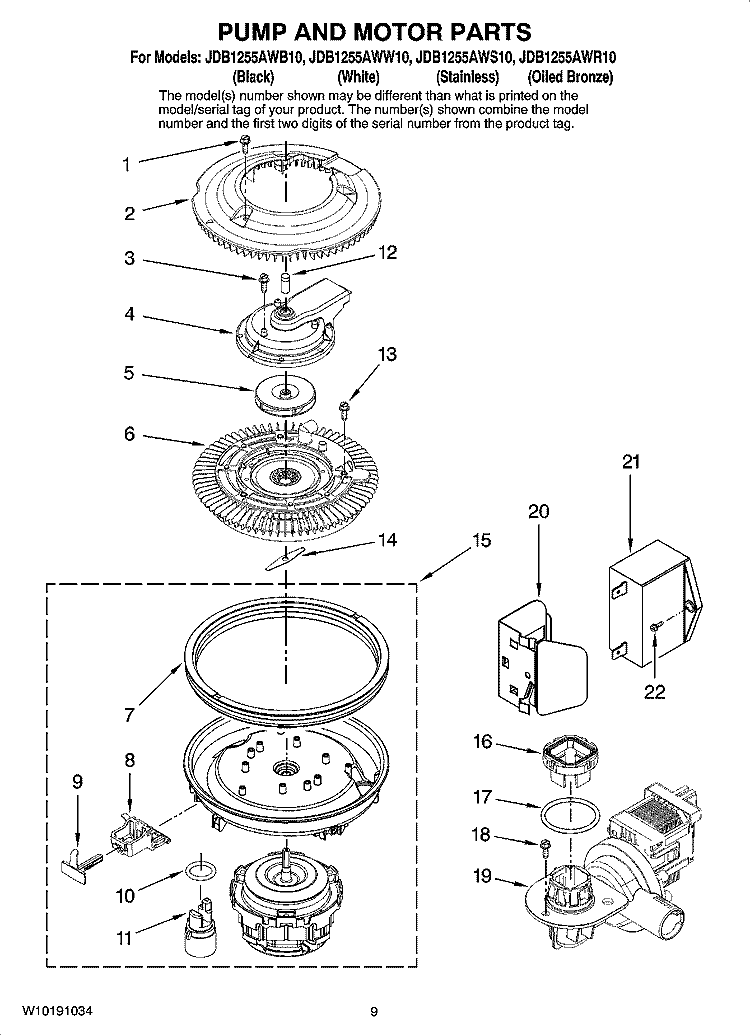 PUMP AND MOTOR PARTS Diagram and Parts List for JDB1255AWB10  Jenn-Air Dishwasher