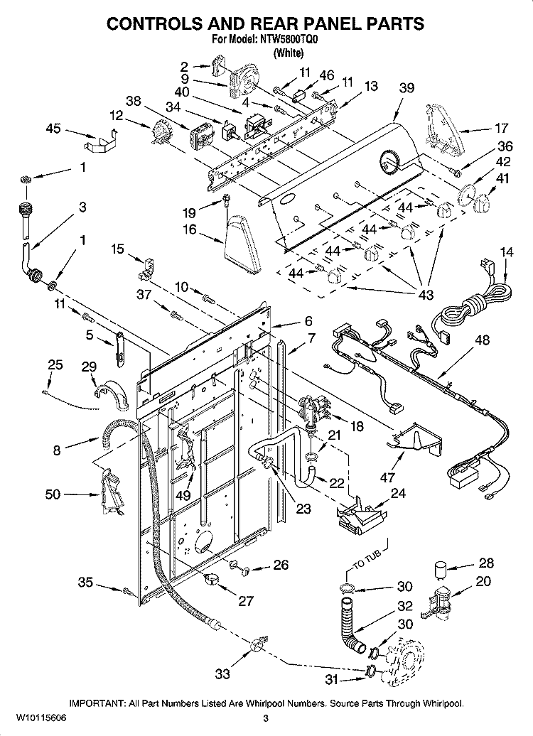 CONTROLS AND REAR PANEL PARTS Diagram and Parts List for NTW5800TQ0  Amana Washer