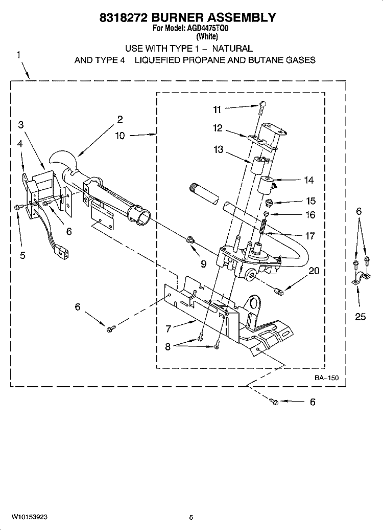 8318272 BURNER ASSEMBLY Diagram and Parts List for AGD4475TQ0  Admiral Dryer