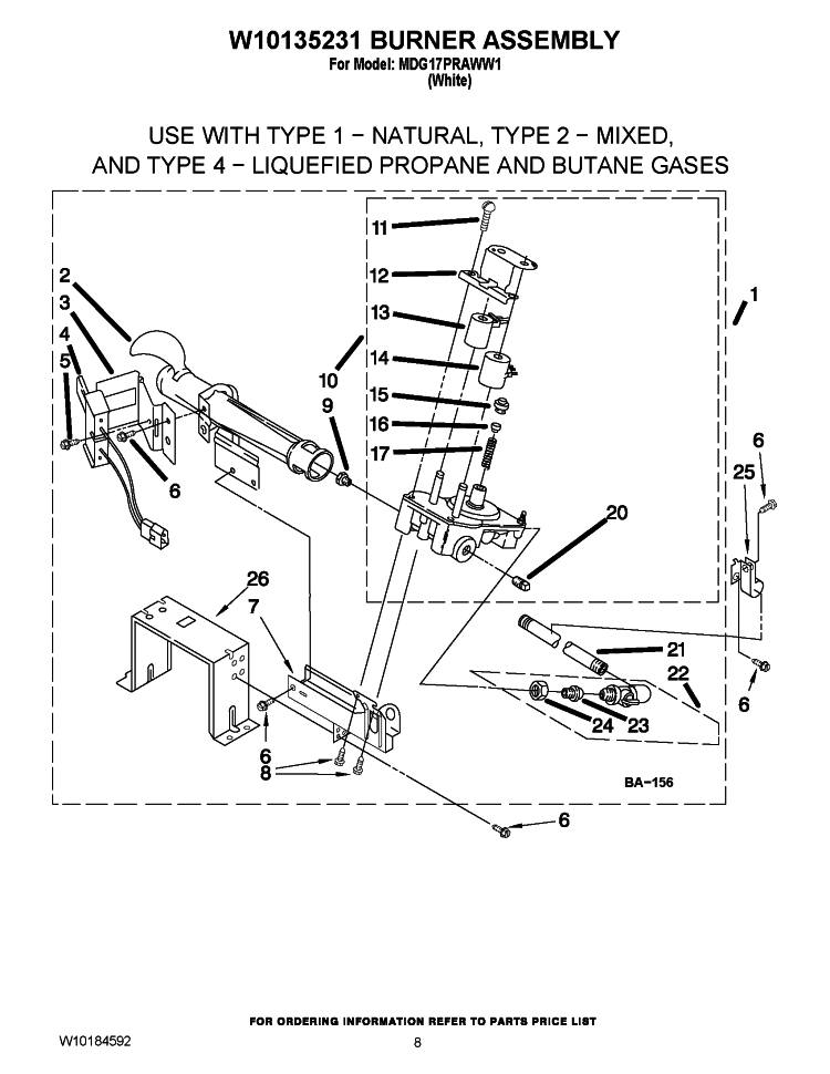 W10135231 BURNER ASSEMBLY Diagram and Parts List for MDG17PRAWW1  Maytag Dryer