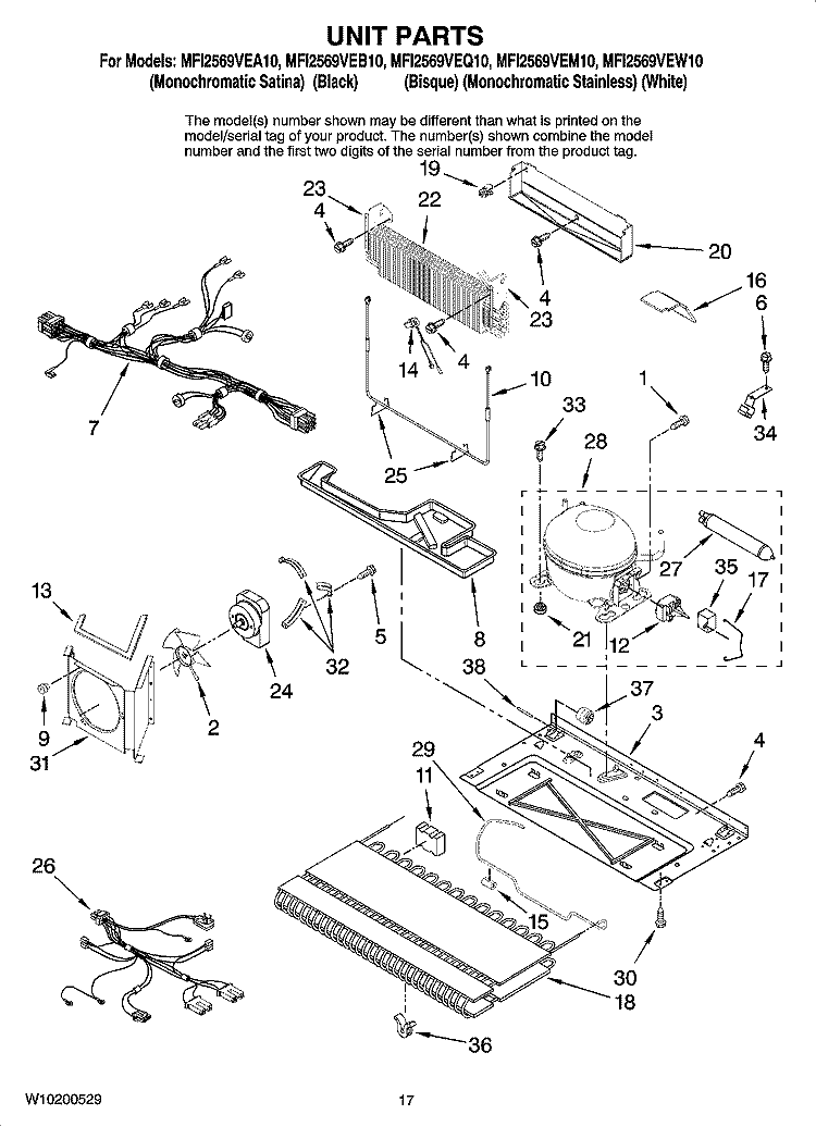 UNIT PARTS, OPTIONAL PARTS (NOT INCLUDED) Diagram and Parts List for MFI2569VEA10  Maytag Refrigerator