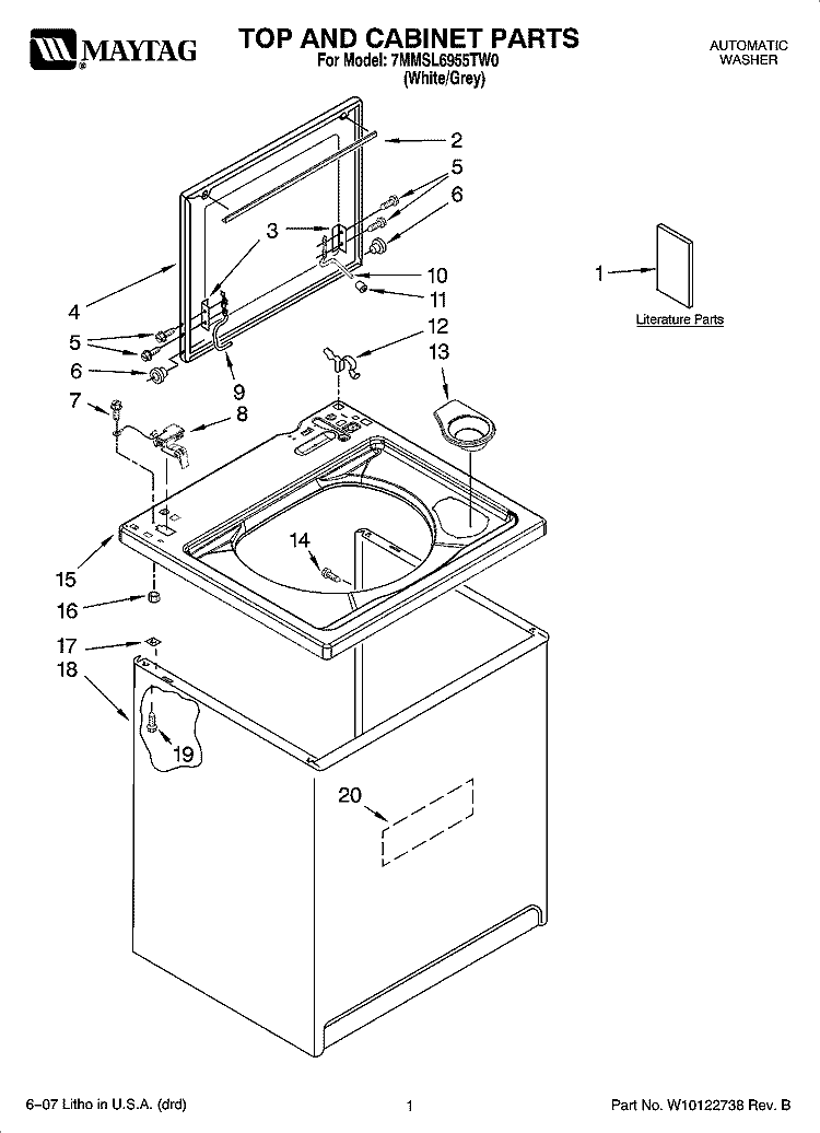 TOP AND CABINET PARTS Diagram and Parts List for 7MMSL6955TW0  Maytag Washer