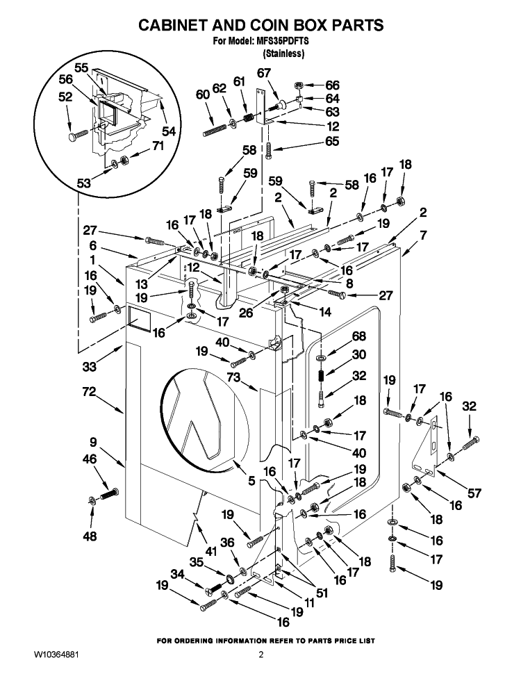 CABINET AND COIN BOX PARTS Diagram and Parts List for MFS35PDFTS  Maytag Washer