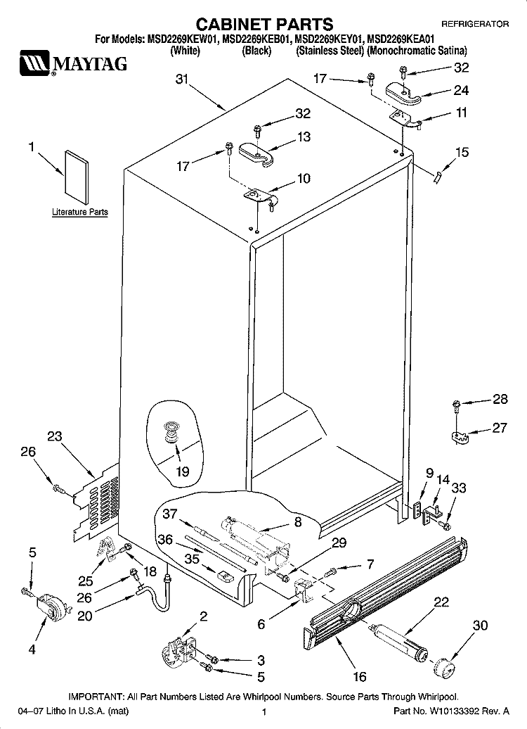 CABINET PARTS Diagram and Parts List for MSD2269KEW01  Maytag Refrigerator