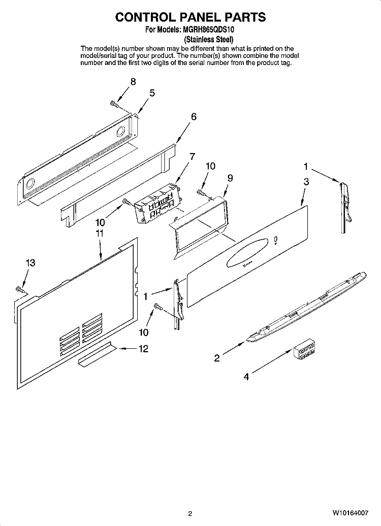 CONTROL PANEL PARTS Diagram and Parts List for MGRH865QDS10  Maytag Range