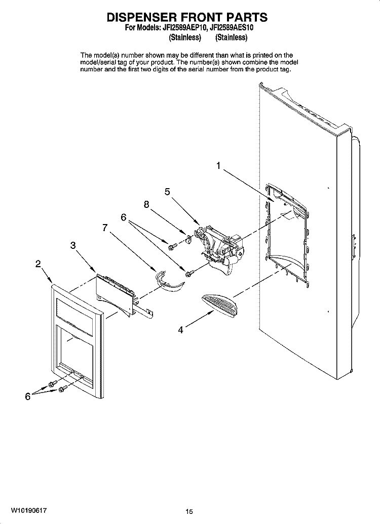 DISPENSER FRONT PARTS Diagram and Parts List for JFI2589AEP10  Jenn-Air Refrigerator