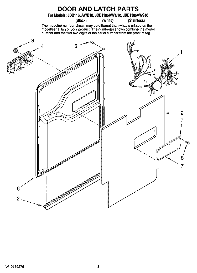 DOOR AND LATCH PARTS Diagram and Parts List for JDB1105AWS10  Jenn-Air Dishwasher
