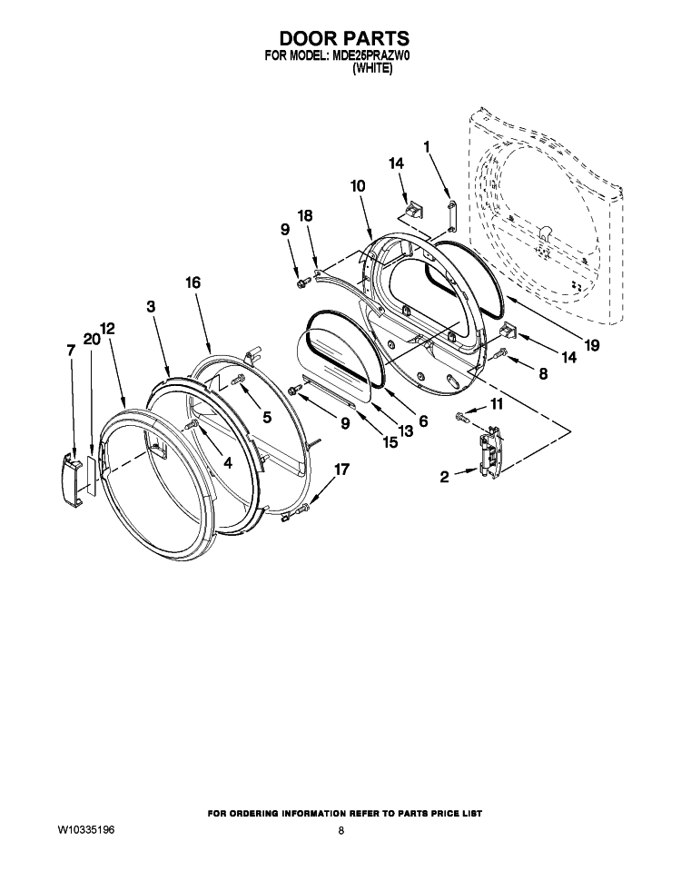 DOOR PARTS Diagram and Parts List for MDE25PRAZW0  Maytag Dryer