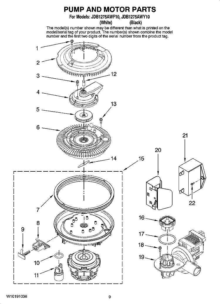 PUMP AND MOTOR PARTS Diagram and Parts List for JDB1275AWF10  Jenn-Air Dishwasher