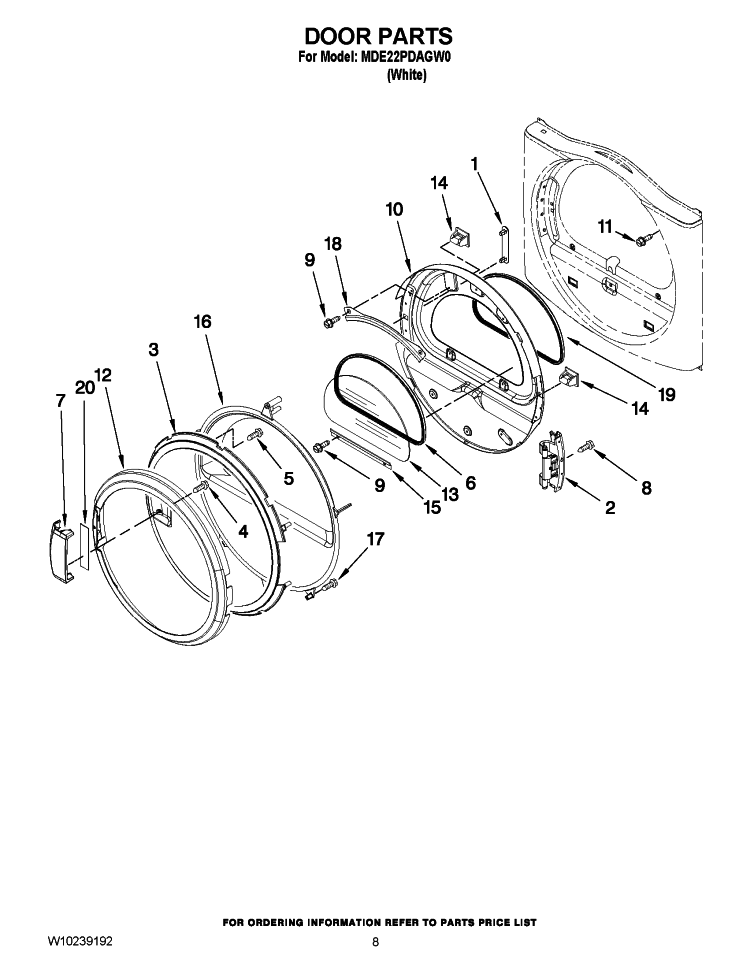 DOOR PARTS Diagram and Parts List for MDE22PDAGW0  Maytag Dryer