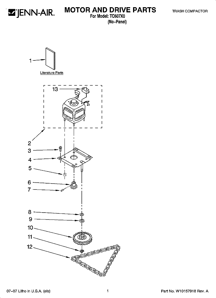 MOTOR AND DRIVE PARTS Diagram and Parts List for TC607X0  Jenn-Air Trash Compactor