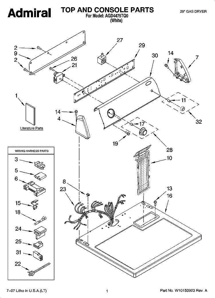 TOP AND CONSOLE PARTS Diagram and Parts List for AGD4475TQ0  Admiral Dryer