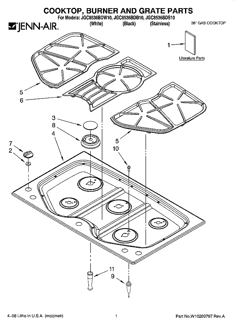 COOKTOP, BURNER AND GRATE PARTS Diagram and Parts List for JGC8536BDW10  Jenn-Air Cooktop