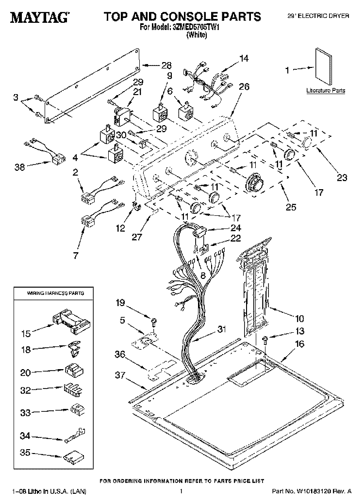 TOP AND CONSOLE PARTS Diagram and Parts List for 3ZMED5705TW1  Maytag Dryer