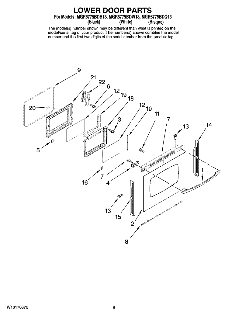 LOWER DOOR PARTS Diagram and Parts List for MGR6775BDB13  Maytag Range