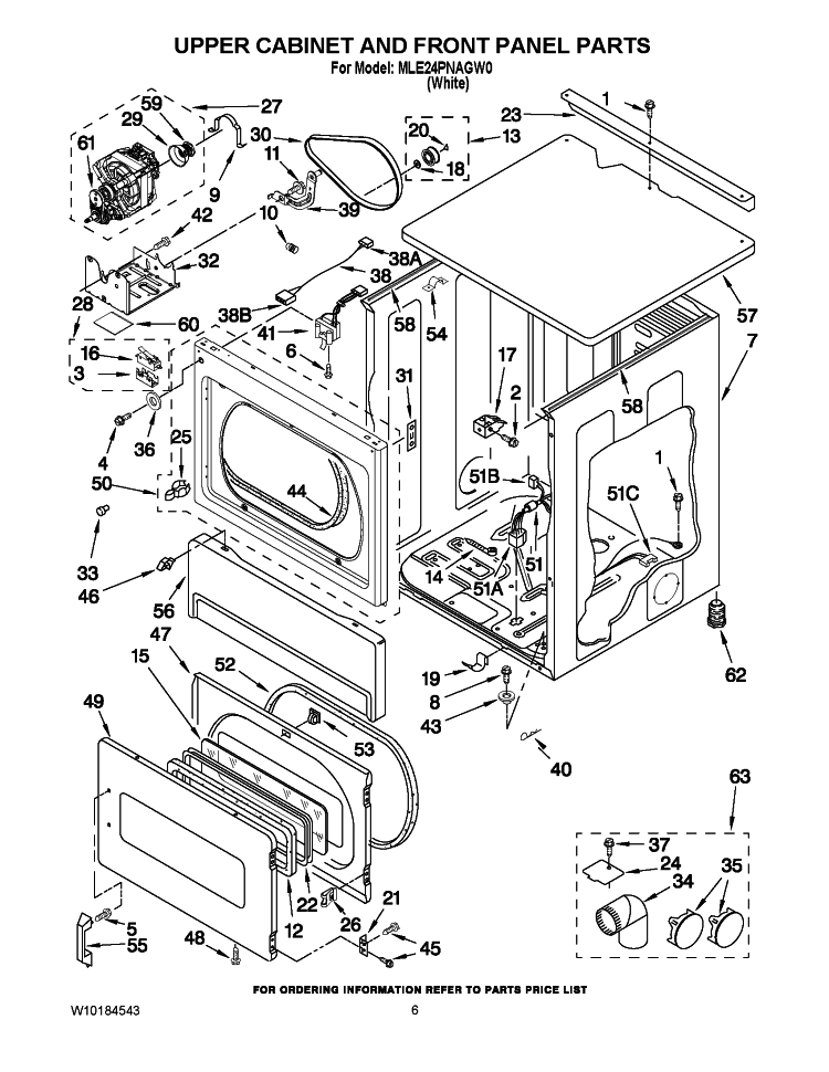 UPPER CABINET AND FRONT PANEL PARTS Diagram and Parts List for MLE24PNAGW0  Maytag Dryer