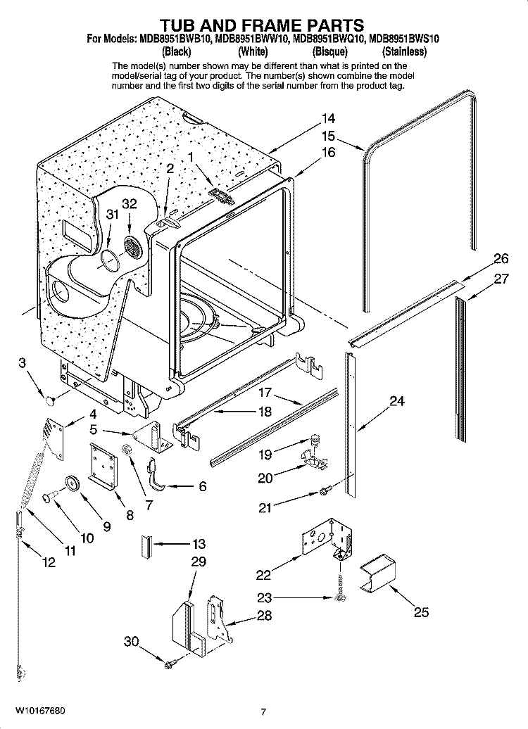 TUB AND FRAME PARTS Diagram and Parts List for MDB8951BWQ10  Maytag Dishwasher