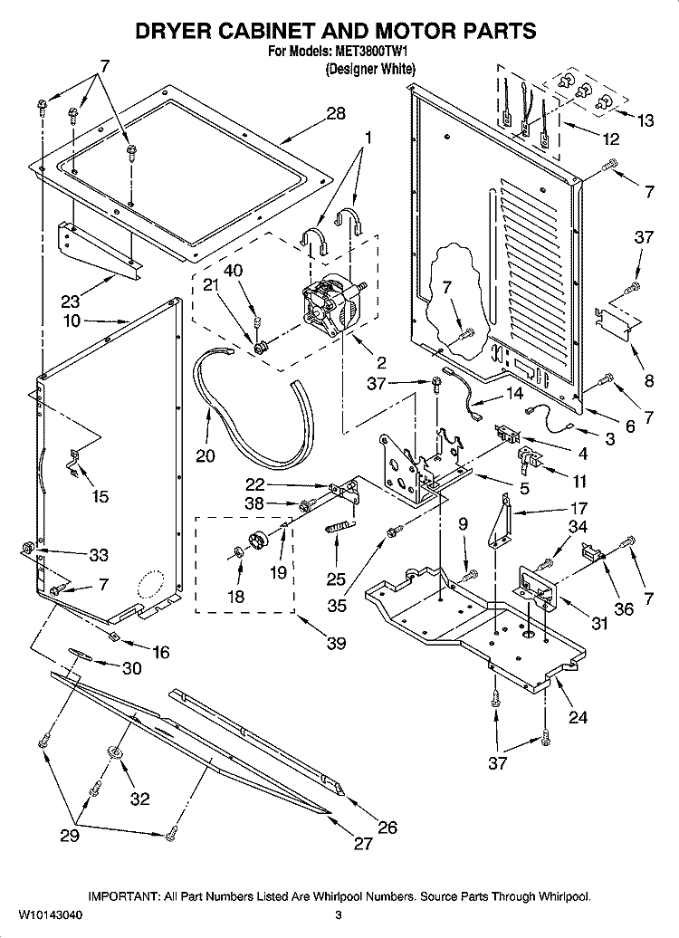 DRYER CABINET AND MOTOR PARTS Diagram and Parts List for MET3800TW1  Maytag Washer Dryer Combo