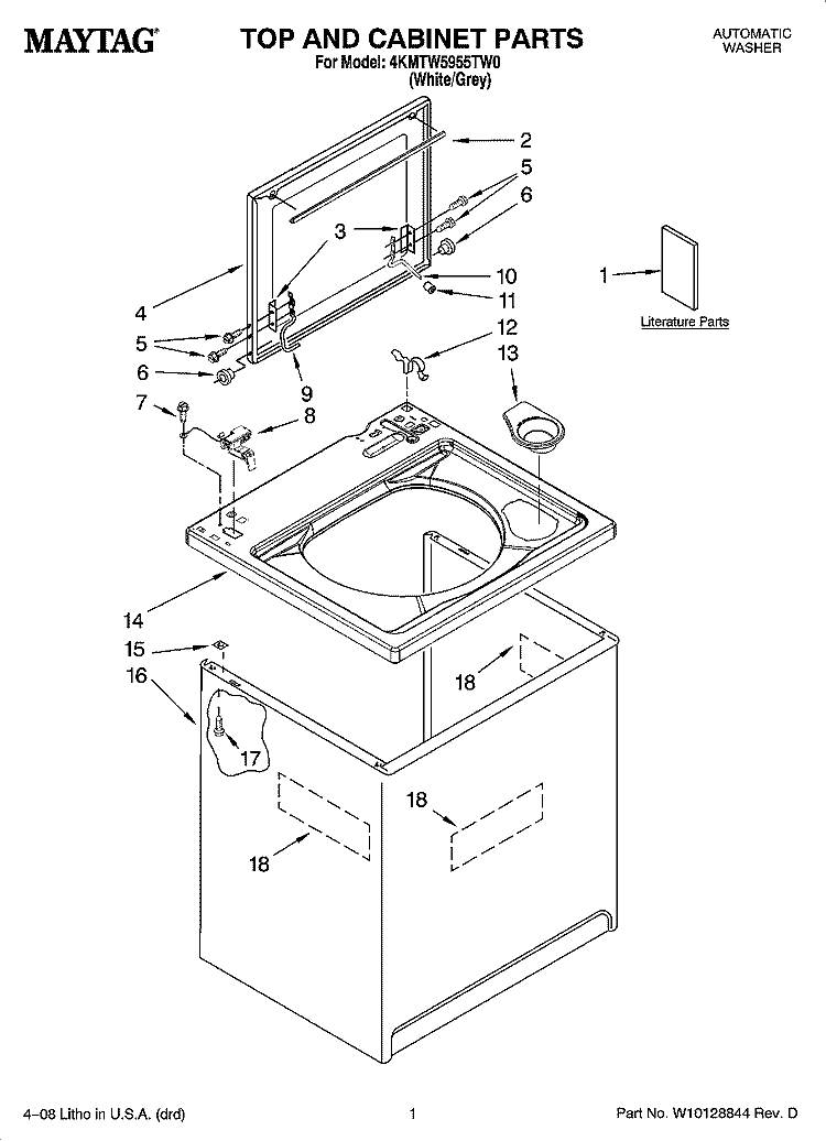 TOP AND CABINET PARTS Diagram and Parts List for 4KMTW5955TW0  Maytag Washer